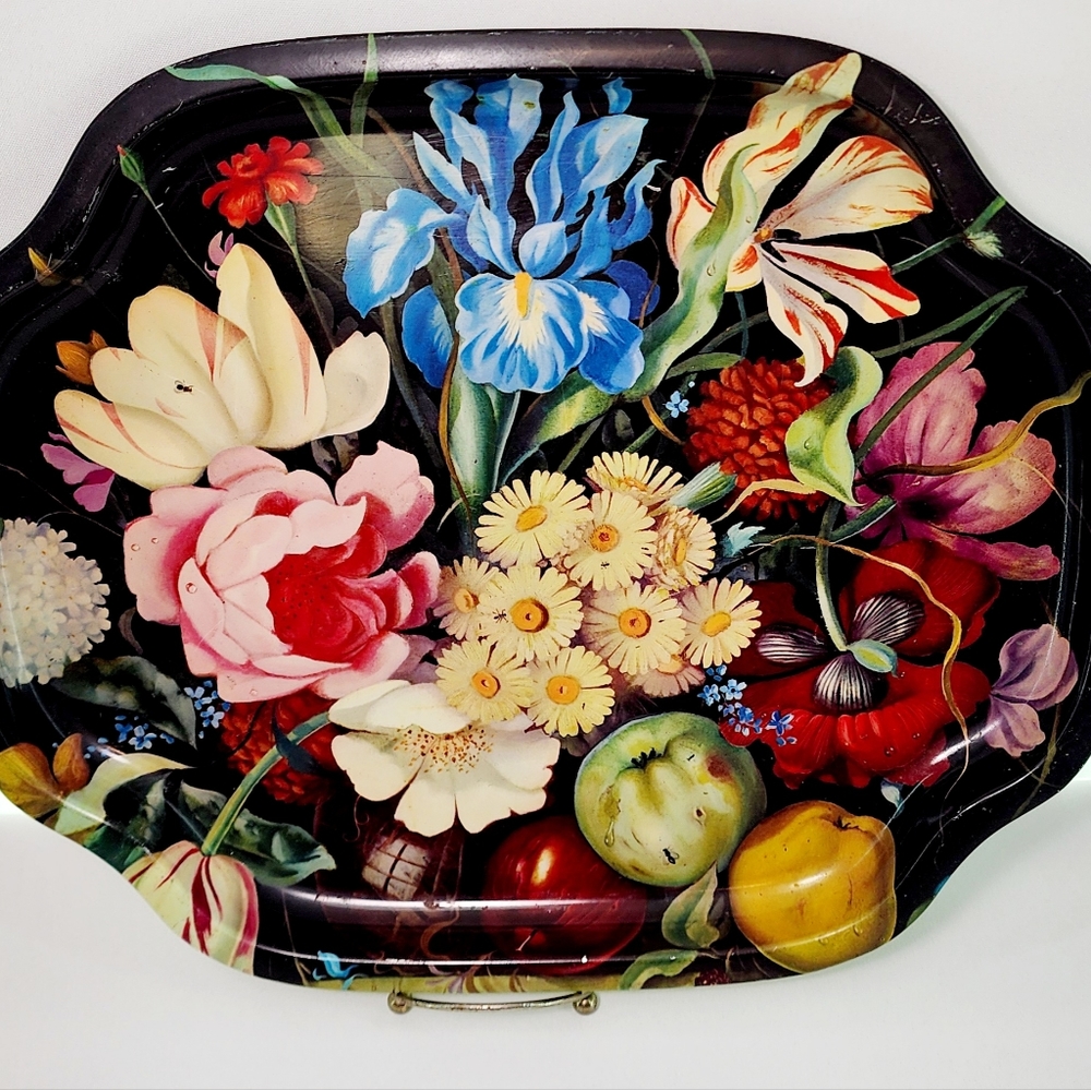 Vintage Worcester Ware metal tray of still life floral and fruit with bugs